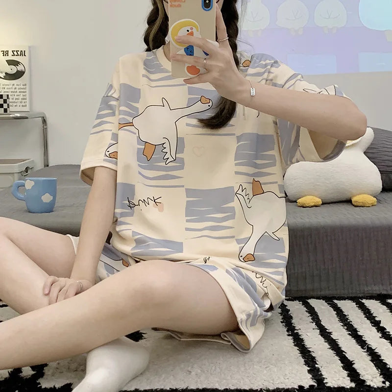 New Pajamas Female Summer Large Size Short-Sleeved Homewear Suit Korean Version of the Student Sweet and Lovely Ladies Homewear Quick Pick Grocers