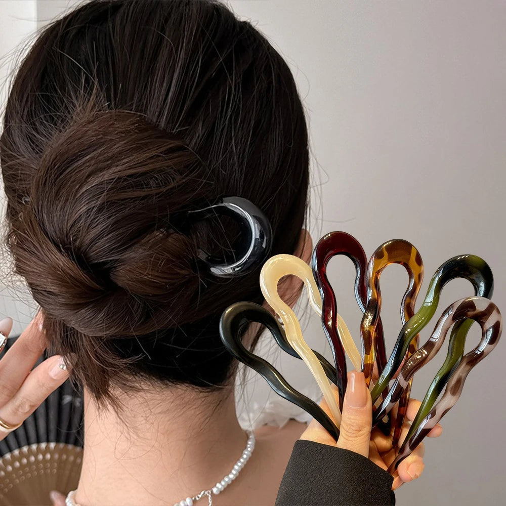 U-Shaped Hair Fork Fashion Tortoiseshell Acetate Acrylic Hairpin Geometric Headwear Hair Sticks Women Girls Hair Accessories Quick Pick Grocers
