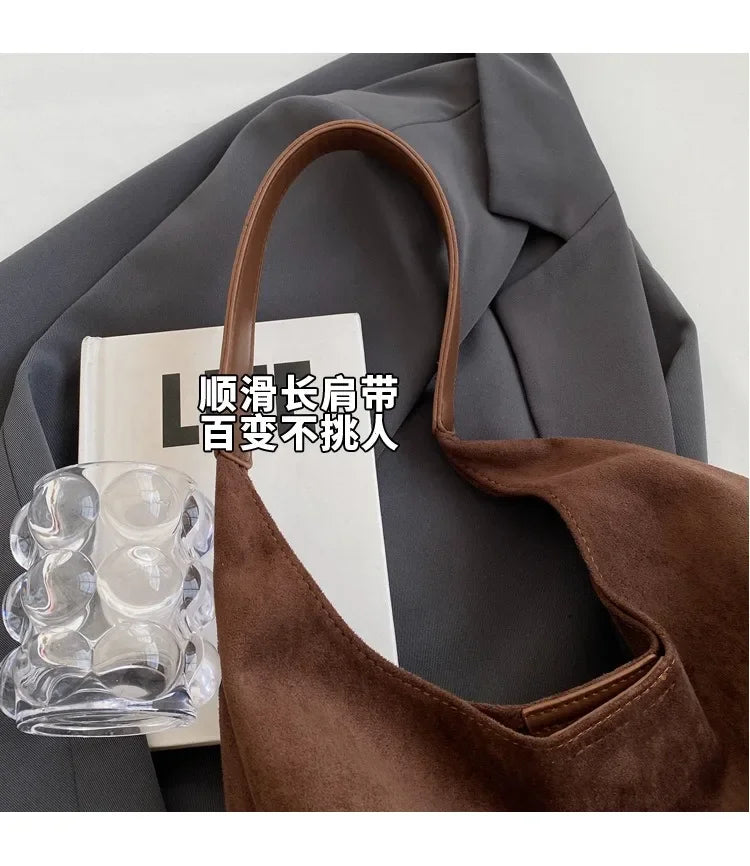 Autumn and Winter Vintage Women's Bag Large Capacity Suede Shoulder Bag Solid Color Simple Casual Commuter Bag Retro Handbags Quick Pick Grocers