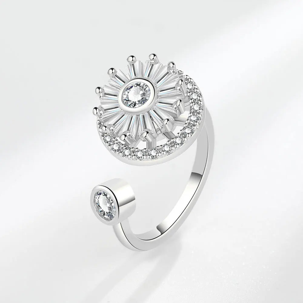 VENTFILLE 925 Sterling Silver Sunflower Diamond Zircon Rotatable Ring For Women Gift Relieve Stress Ring Jewelry Wholesale Quick Pick Grocers