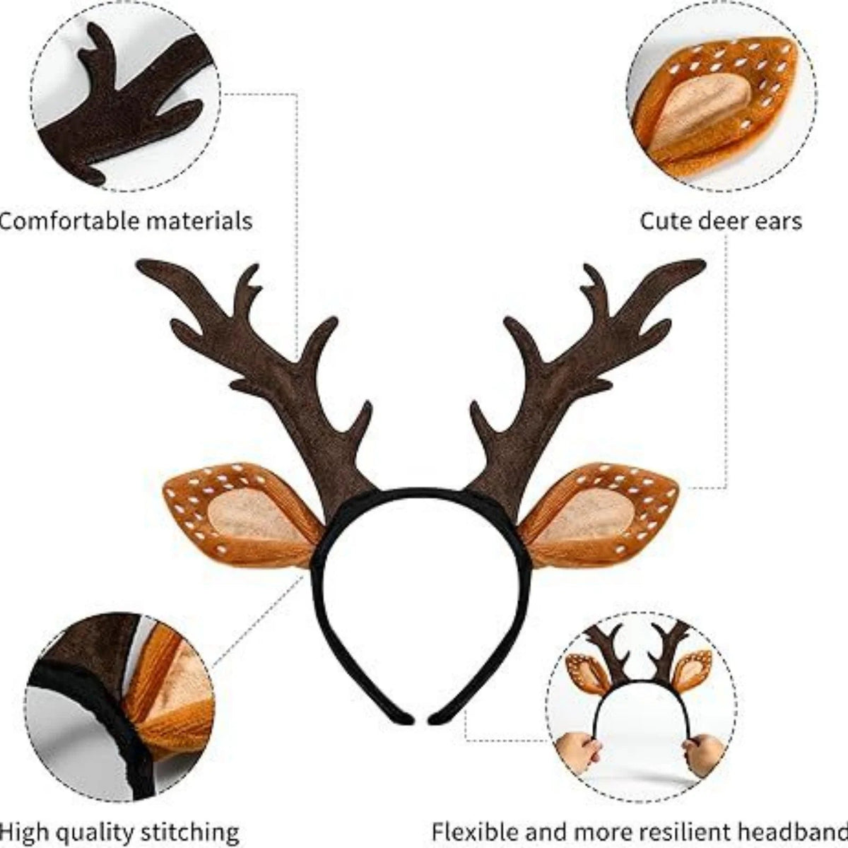 1PC Deer Antlers Headband: Plush Ear & Brown Antler Hair Hoop for Christmas & Halloween Party, Animal Cosplay, Holiday Dress-Up Quick Pick Grocers
