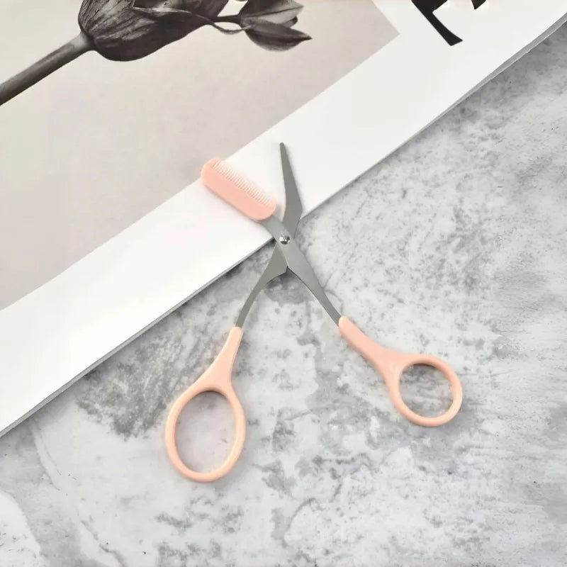 1 Pcs Pink Eyebrow Trimming Scissors with Built-in Comb - Stainless Steel, Precise Grooming Tool, Creating Perfect Eyebrows Quick Pick Grocers