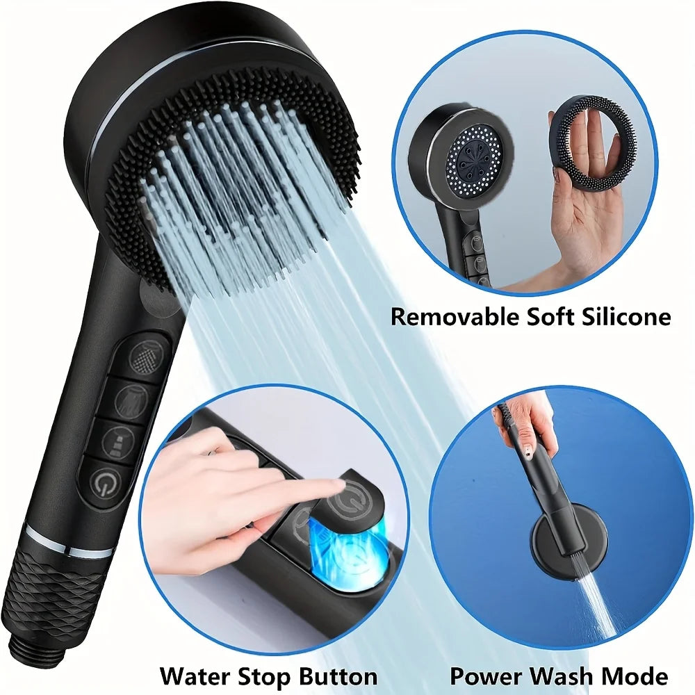 4 Modes Self-cleaning Shower Head with Silicone Brush One-Key Stop Water Massage High Pressure ABS Showerhead with Filter Quick Pick Grocers