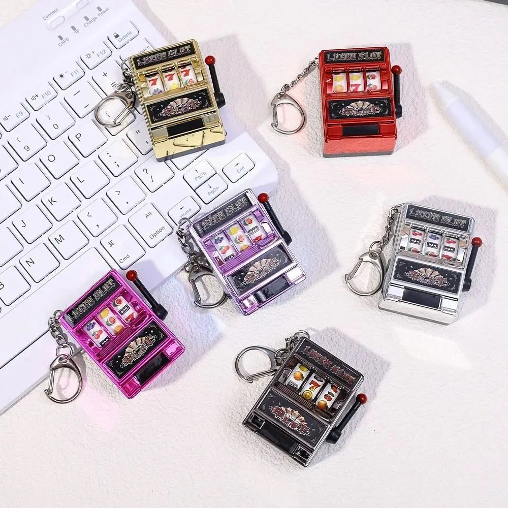 Mini Gambling Slot Machine Key Chains Creative Arcade Pocket Fruit Lucky Jackpot Gadget Antistress Toy Funny Games Keychain Ring Econic Blanks