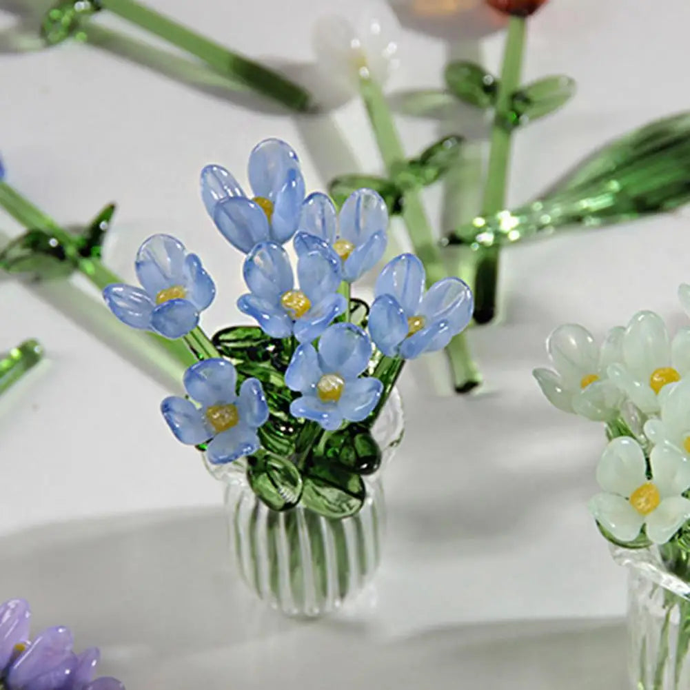 Glass Flower Decor Handcrafted Floral Sculpture Hand-blown Glass Flower Bouquet with Vase Mini Floral Decoration for Home Room Quick Pick Grocers