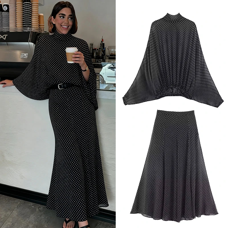 Polka Dot Printed Midi Skirts Two Piece Sets for Women 2025 Summer Chic Bow Tied Blouse Top Suits Woman 2 Piece Outfits Quick Pick Grocers