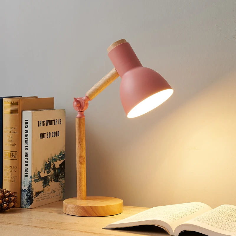 Creative Nordic Table Lamp Wooden Art LED Turn Head Simple Bedside Desk Light/Eye Protection Reading&Bedroom Study Lamp Quick Pick Grocers