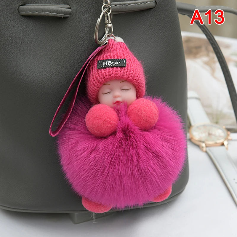 Pompom Sleeping Baby Keychain Cute Fluffy Plush Doll Keyholder Women Girl Bags Keyrings Cars Key Ring Gift Charming Decoration Quick Pick Grocers