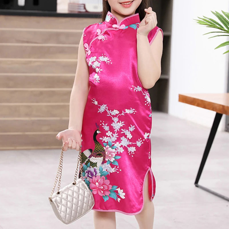 Cheongsam Dress Baby Girl Qipao Summer Clothes Peacock Sleeveless Slim Traditional Dress Child Girls Clothes Chinese Style Quick Pick Grocers