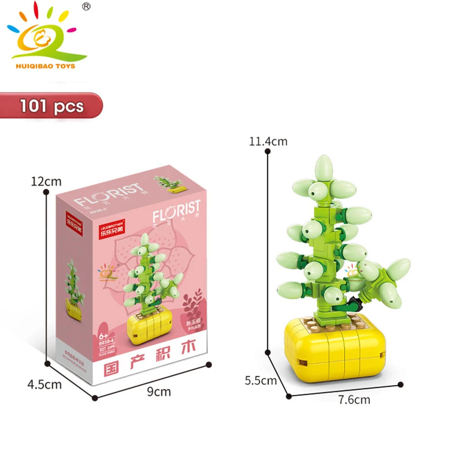 HUIQIBAO MOC Flower Succulent Potted Model Building Block DIY Eternal Bouquet Home Desk Plant Decor Brick Girl Gift Children Toy Quick Pick Grocers