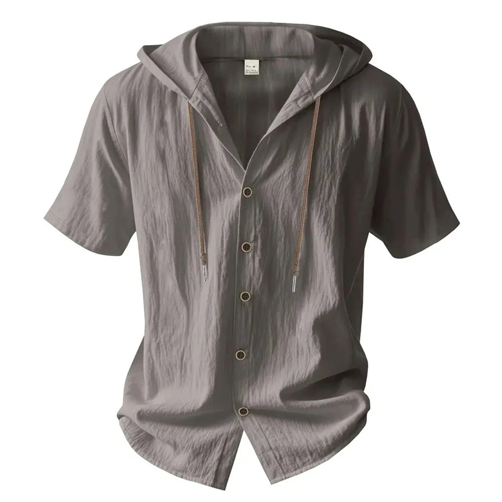Cotton Linen Shirt for Men Hooded Short Sleeve Solid Color Breathable Lightweight Drawstring Design Shirts Casual Basic Tees Quick Pick Grocers