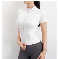 Women Summer Slim Yoga Tops Stand Collar Full Zipper Short Sleeves Shirts Solid Workout Clothes Gym Running Coats Lady Casual Quick Pick Grocers