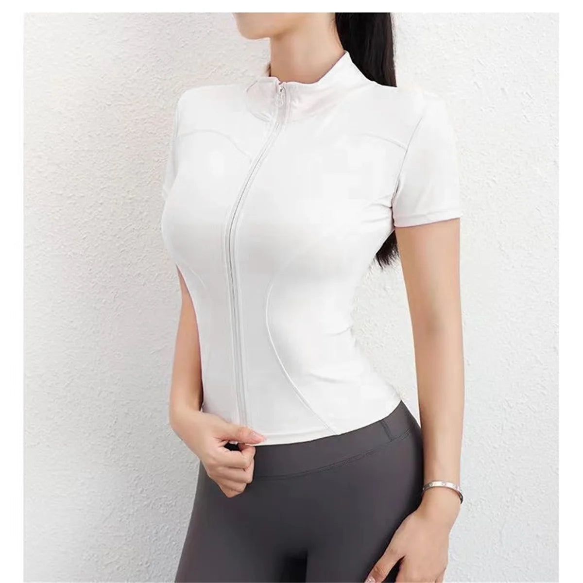 Women Summer Slim Yoga Tops Stand Collar Full Zipper Short Sleeves Shirts Solid Workout Clothes Gym Running Coats Lady Casual Quick Pick Grocers