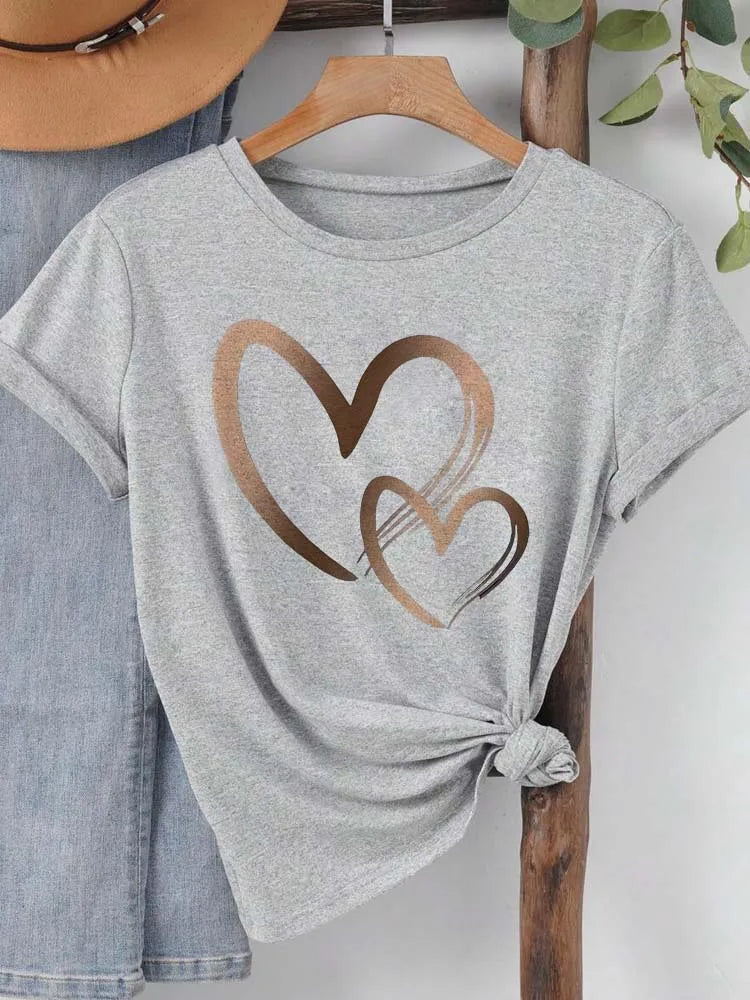 Summer New Fashion Women's Heart Printed T-shirt Trendy Casual Round Neck Top Short Sleeves Women T-shirt Women Clothing Quick Pick Grocers