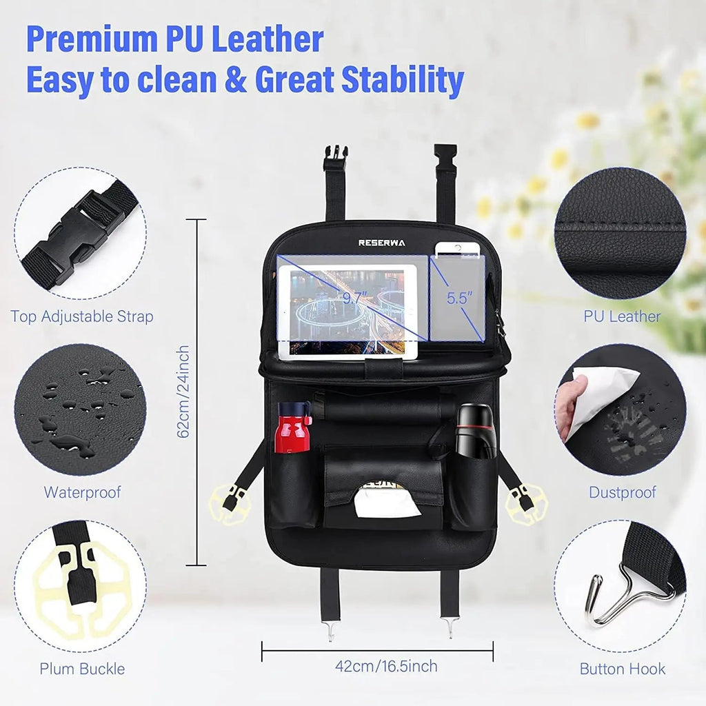 Car Seat Back Organizer with Foldable Table Tray PU Leather Storage Organizer with Pockets Kick Mats Seat Interior Accessories Econic Blanks