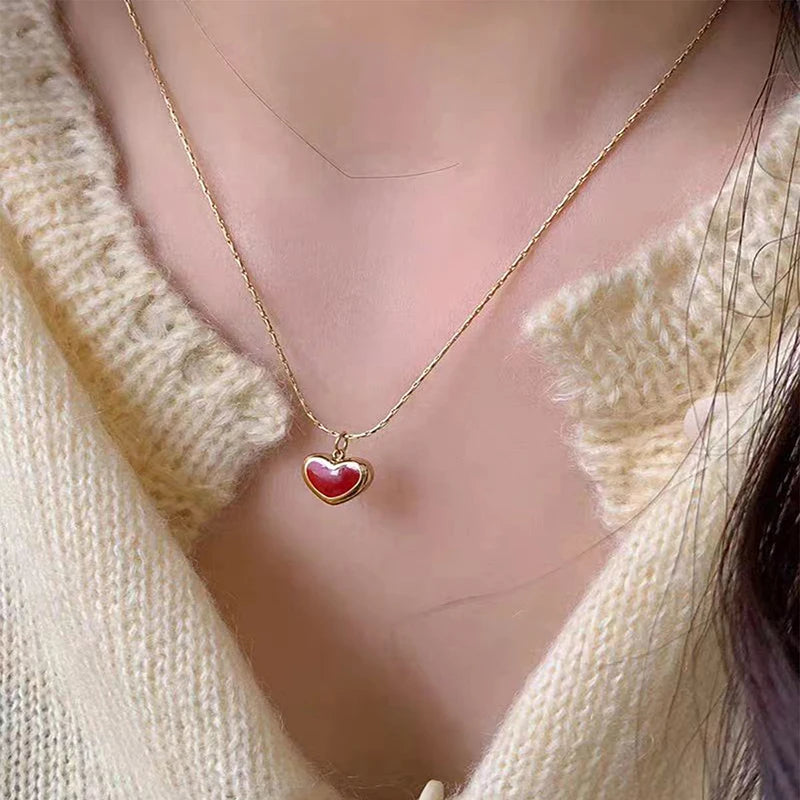 2025 Mothers Day Red Heart Pendant Stainless Steel Gold Color Chain Necklace for Women Non Fading Jewelry Sweet Accessories Gift Quick Pick Grocers