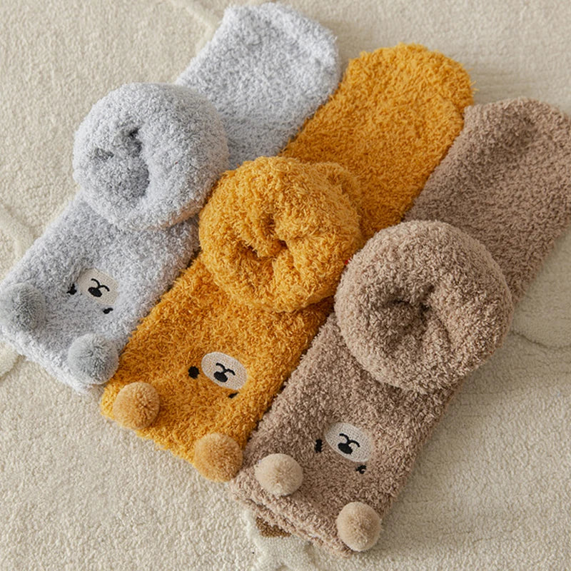 2 Pairs Cute Socks Bear Women Coral Velvet Thick Plush Warm Socks Sleep Fluffy Socks Cute Cartoon Lovely Floor Fuzzy Sock Winter Purest Peak