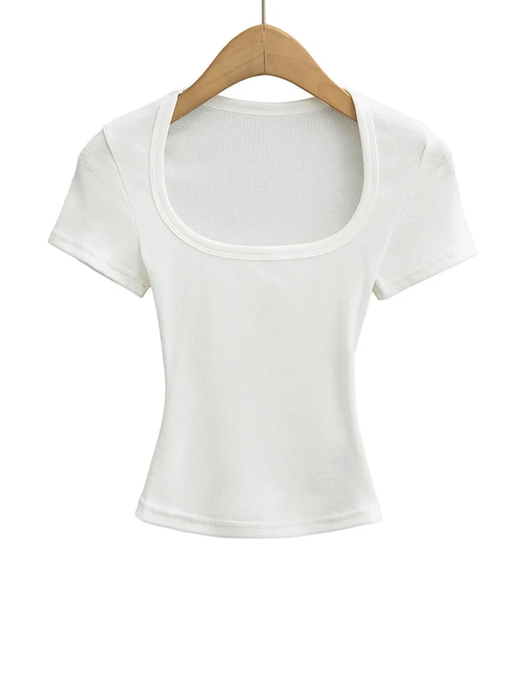 Women's Slim Fit Square Collar Crop Top High Stretch Short Sleeve Pullover Sexy Summer Blouse T-shirt for Bottoming Quick Pick Grocers