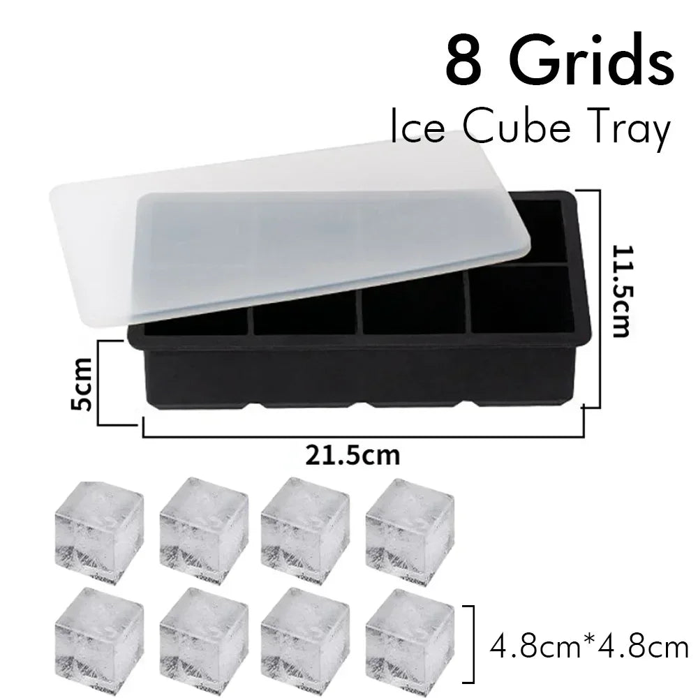 Ice Cube Tray Silicone Ice Ball Freezer Mold Square Ice Cube Maker with Lid 4/6/8 Grids for Whiskey Cocktail Coffee Accessories Quick Pick Grocers