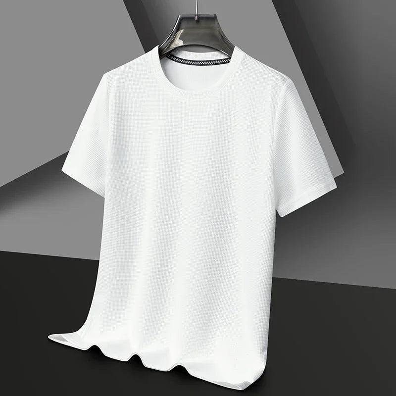 New Summer Waffle Round Neck Short Sleeved T-shirt for Men's Short Sleeved Top Quick Pick Grocers