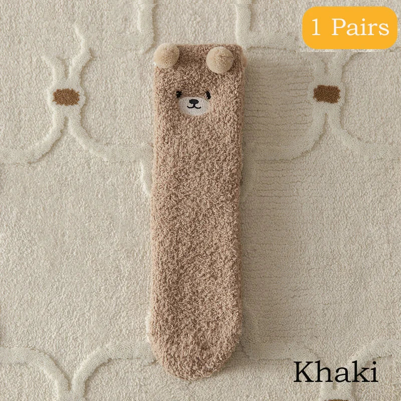 2 Pairs Cute Socks Bear Women Coral Velvet Thick Plush Warm Socks Sleep Fluffy Socks Cute Cartoon Lovely Floor Fuzzy Sock Winter Purest Peak