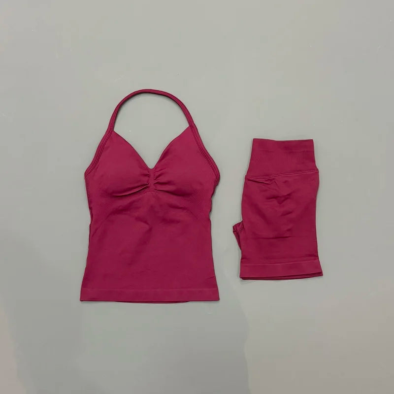 HISTELLO 2 Pieces Sports Set Women Yoga Longline Strap Top Scrunch Seamless Shorts Sport Gym Set Sportswear Workout Fitness Set Quick Pick Grocers