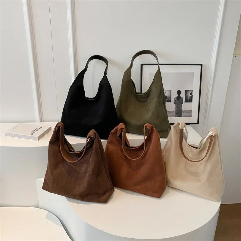 Autumn and Winter Vintage Women's Bag Large Capacity Suede Shoulder Bag Solid Color Simple Casual Commuter Bag Retro Handbags Quick Pick Grocers