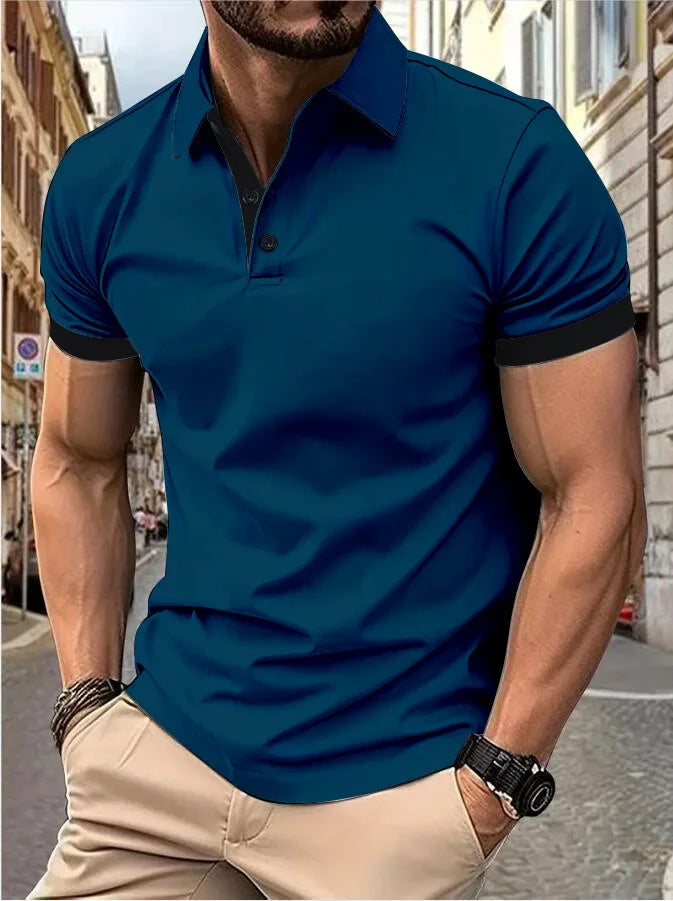 Men's short sleeve color matching fashion with men's lapel short sleeve Quick Pick Grocers