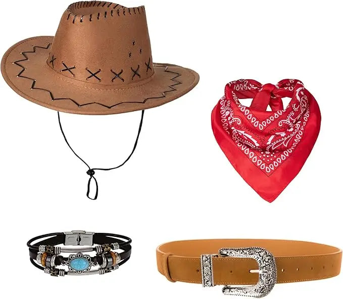 Women Men Cowgirl Costume Western Vest Hat Belt Bandana Set for Cowboy Tassels Fringe Vest Halloween Outfits Wild West Cosplay Quick Pick Grocers