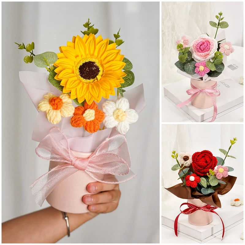 Knitted Flower Bouquet Crochet Rose Flowers Hugging Bucket New Year Gifts Living Room Desk Decoration Mother's Day Gift Quick Pick Grocers