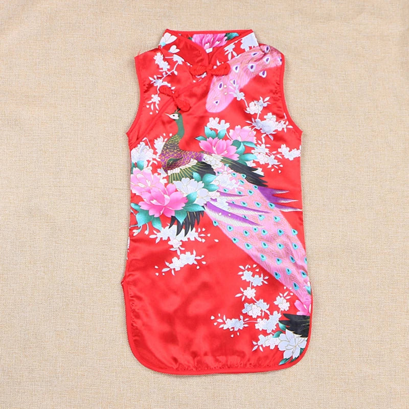 Cheongsam Dress Baby Girl Qipao Summer Clothes Peacock Sleeveless Slim Traditional Dress Child Girls Clothes Chinese Style Quick Pick Grocers