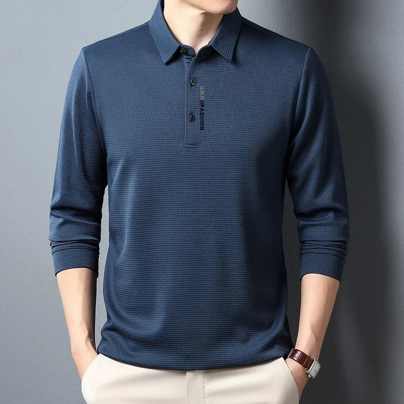 Men's Waffle Long Sleeved POLO Shirt with Letter Printed Lapel Casual Top Quick Pick Grocers