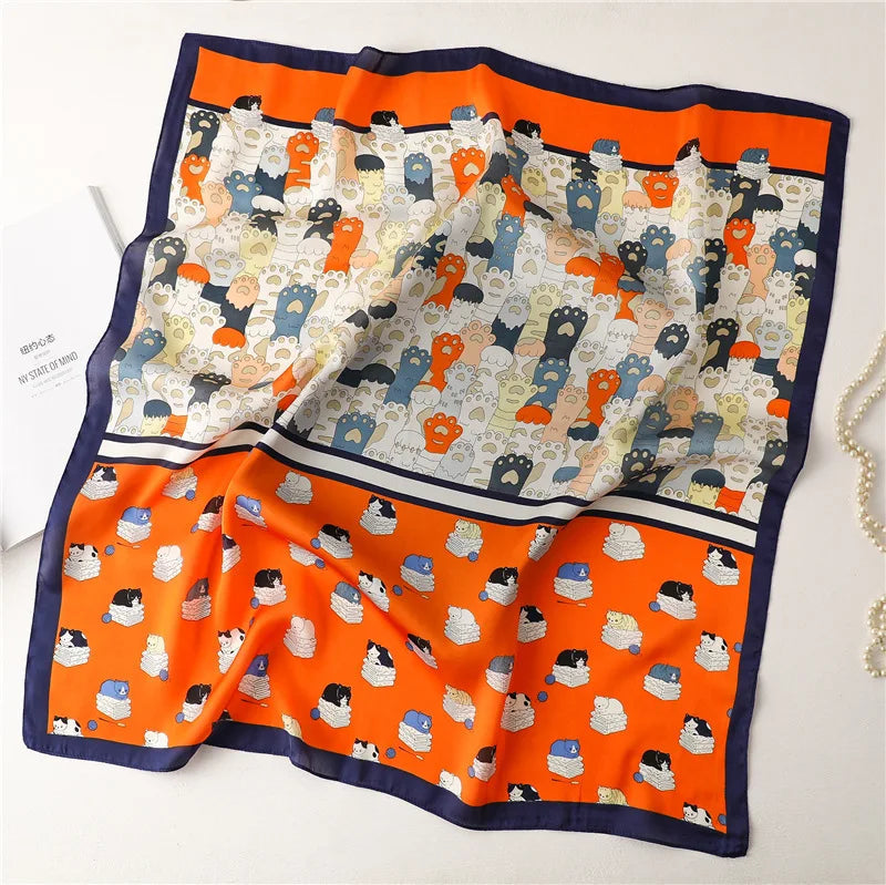 2025 Silk Shawl Print Headscarf Cat Hair Wrap Neckerchief Female Satin Square Scarf For Women Headband Foulard Hijab Bandana Quick Pick Grocers