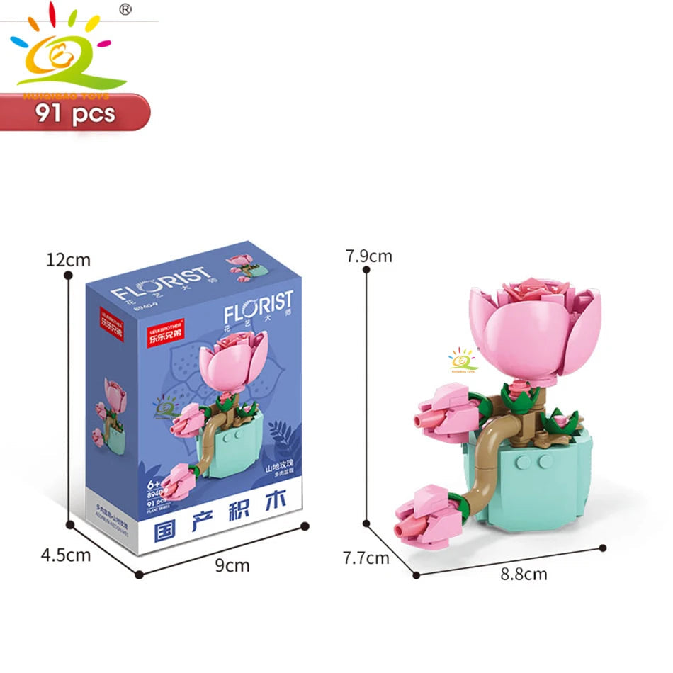 HUIQIBAO MOC Flower Succulent Potted Model Building Block DIY Eternal Bouquet Home Desk Plant Decor Brick Girl Gift Children Toy Quick Pick Grocers
