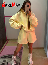 Women's Summer Tracksuit with Shorts Zipper Cotton Oversize Top and Shorts Two Piece Set Casual Sports Yellow Suit for Women Quick Pick Grocers