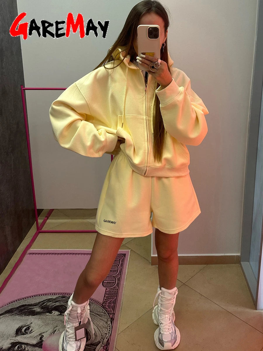Women's Summer Tracksuit with Shorts Zipper Cotton Oversize Top and Shorts Two Piece Set Casual Sports Yellow Suit for Women Quick Pick Grocers