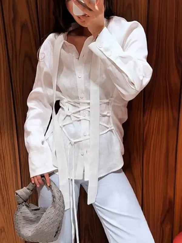 Wolfeel 100% Cotton New Autumn Tie Belted Shirt Women's  Floating Ribbon Cardigan Top Commuting Slim Blouse Quick Pick Grocers