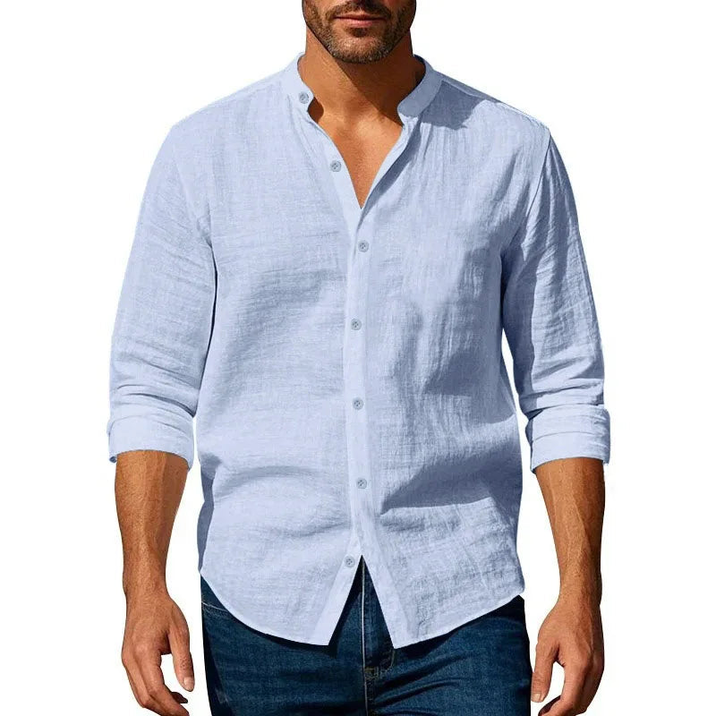 Cotton Linen Shirt for Men Henley Neck Solid Color Lightweight Breathable Slim Fit Single Breasted Shirt Long Sleeve Button Up Quick Pick Grocers