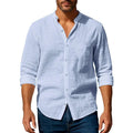 Cotton Linen Shirt for Men Henley Neck Solid Color Lightweight Breathable Slim Fit Single Breasted Shirt Long Sleeve Button Up Quick Pick Grocers