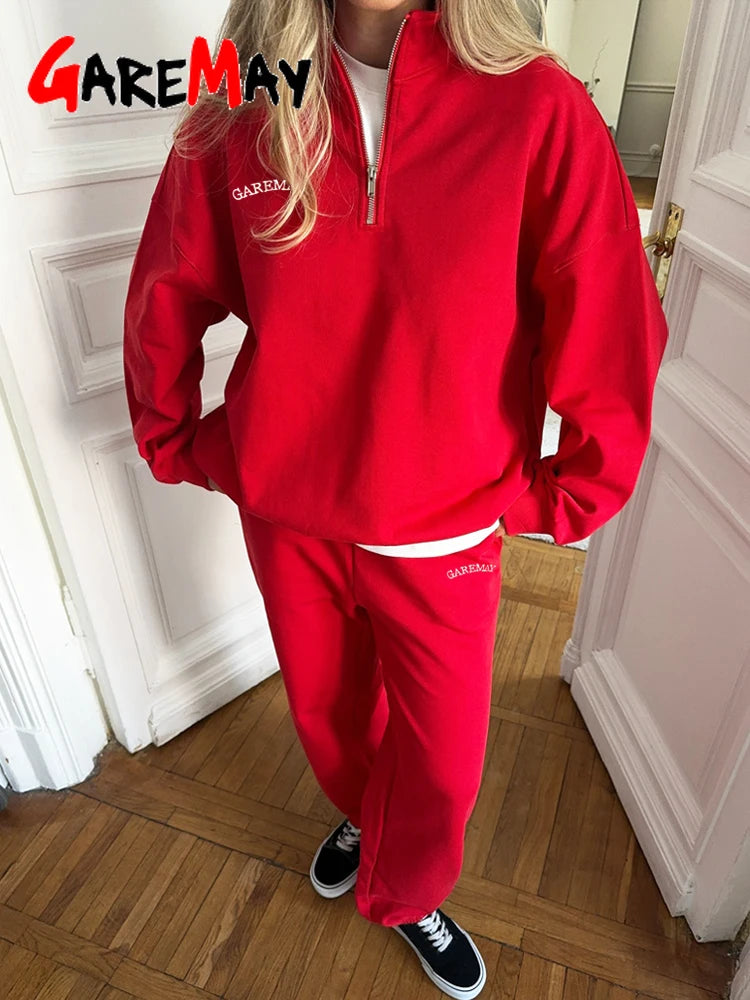 Spring Red Women's Tracksuit with Zipper Cotton Oversize Classic Two Piece Set Women Casual  Yellow Trouser Suits for Women 2026 Quick Pick Grocers