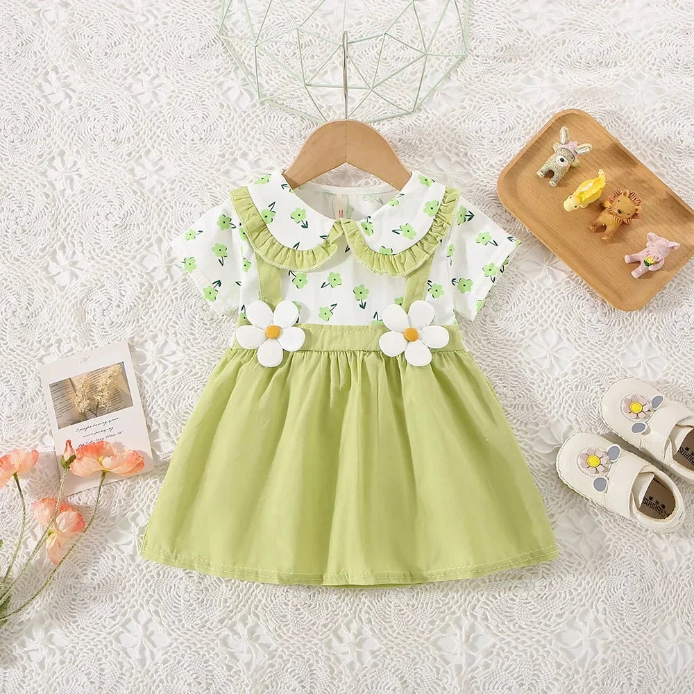 (0-3 Years Old) Summer Baby Girl Cotton Flower Fake Two-Piece Shoulder Strap Dress Girl Cute Short Sleeved Dress Econic Blanks