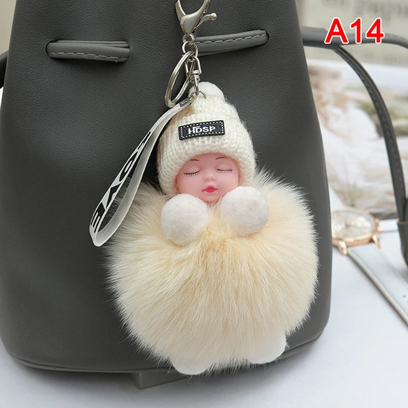 Pompom Sleeping Baby Keychain Cute Fluffy Plush Doll Keyholder Women Girl Bags Keyrings Cars Key Ring Gift Charming Decoration Quick Pick Grocers