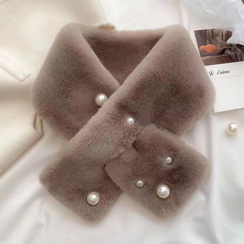 Women Winter Warm Thicken Cross Collar Scarf Solid Color Faux Rabbit Fur Cold Proof Scarves Fashion Soft Furry Neck Warmer Quick Pick Grocers