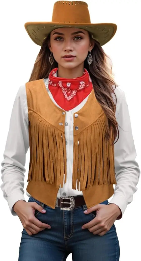 Women Men Cowgirl Costume Western Vest Hat Belt Bandana Set for Cowboy Tassels Fringe Vest Halloween Outfits Wild West Cosplay Quick Pick Grocers