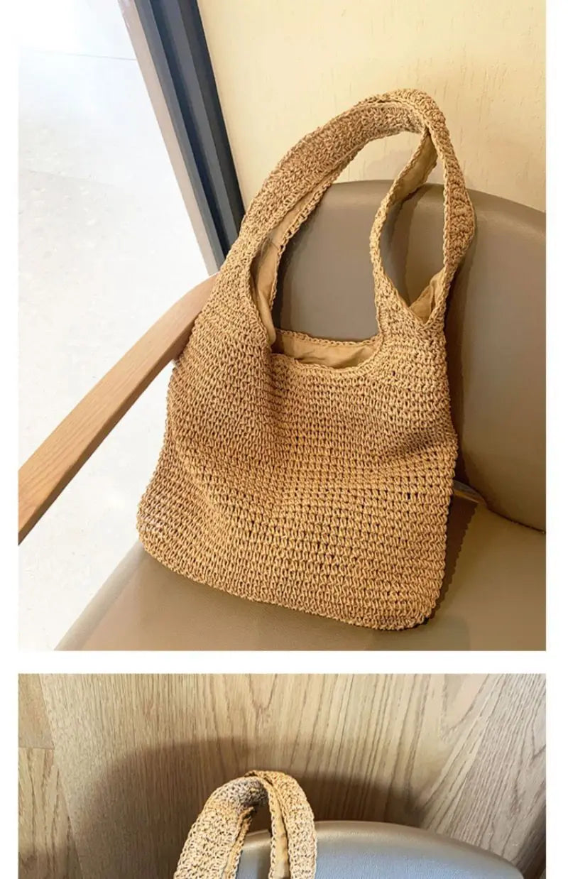 French Style Large Capacity Woven Straw Woven Bag for Women New Beach Vacation Shoulder Bag Casual Commuting Tote Bag Purse Quick Pick Grocers