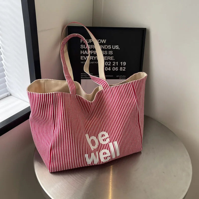 Casual Large Stripe Women's Shoulder Bag 2025 New Fashion Commuter Tote Bag High Capaci Canvas Handbag for Youth bolso mujer Quick Pick Grocers
