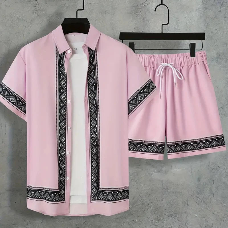 2024 New Men's Summer Holiday Suit Retro Textured Printed Border Shirt Short Sleeve Shorts Two Piece Men's Breathable Pool Suit Quick Pick Grocers