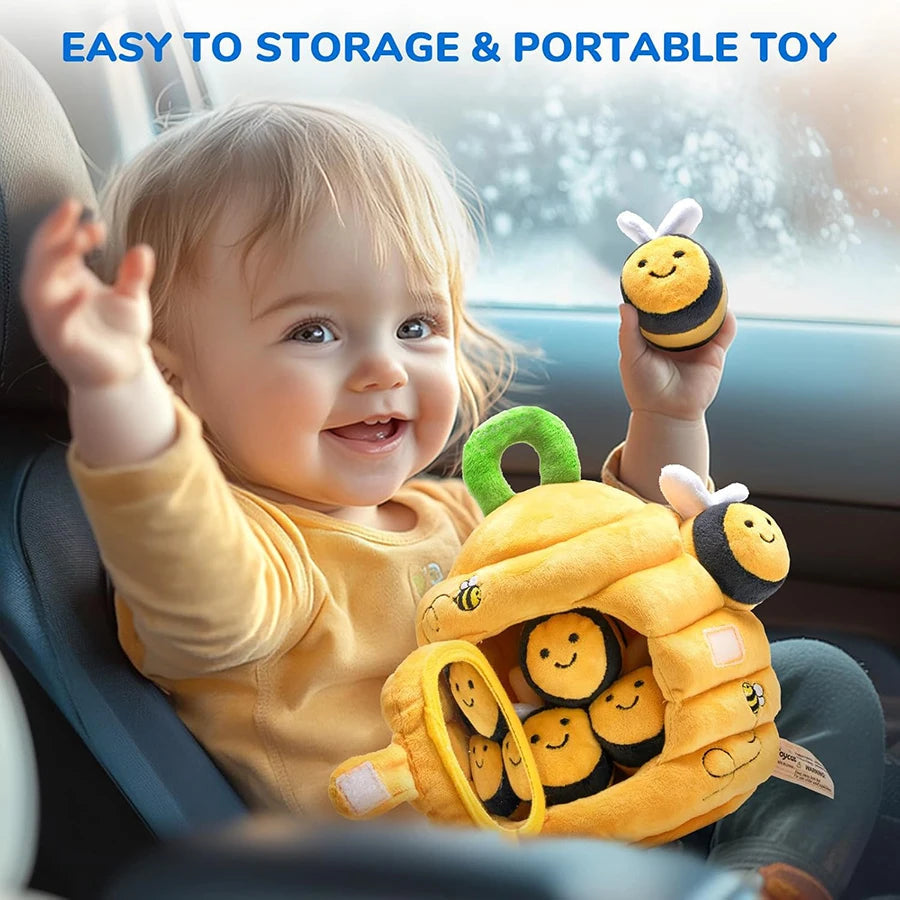 Baby Toys 6-12 Months Soft Baby Beehive with 5 Sensory Bee Rattle Mirror Crinkle Squeaker Busy Montessori Soft Toy for Toddlers Purest Peak