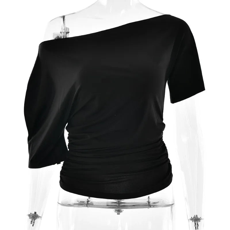 Off Shoulder Ruched Crop Top Women Basics Solid Color Skew Collar Short Sleeve T-shirts Summer Casual Streetwear Tees Quick Pick Grocers