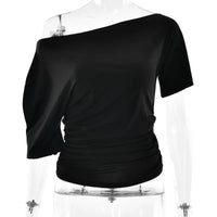 Off Shoulder Ruched Crop Top Women Basics Solid Color Skew Collar Short Sleeve T-shirts Summer Casual Streetwear Tees Quick Pick Grocers